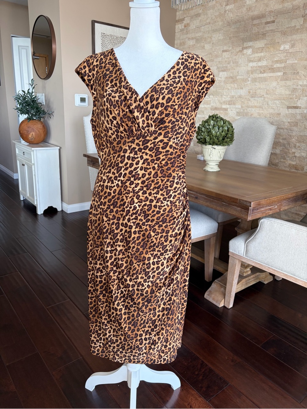 Ralph Lauren Leopard Print V-Neck Cap Sleeve Midi Dress - Brown & Black